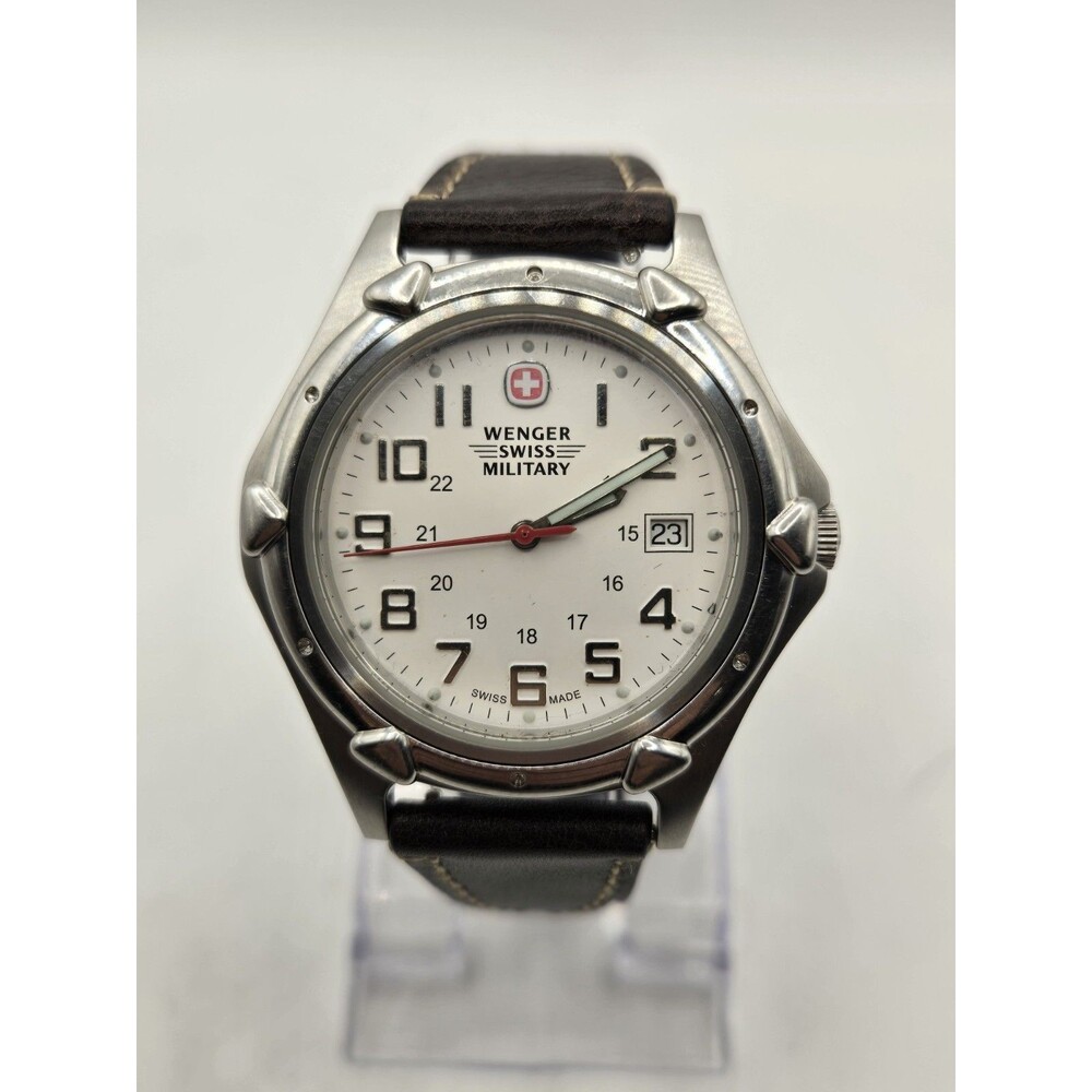 Wenger Swiss Military Men's 43mm Silver Tone Watch. New Leather Band + Battery